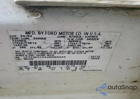 2004 Ford F350 Srw Super Duty z USA, uszkodzony, nr VIN 1FTSW31P54ED05555